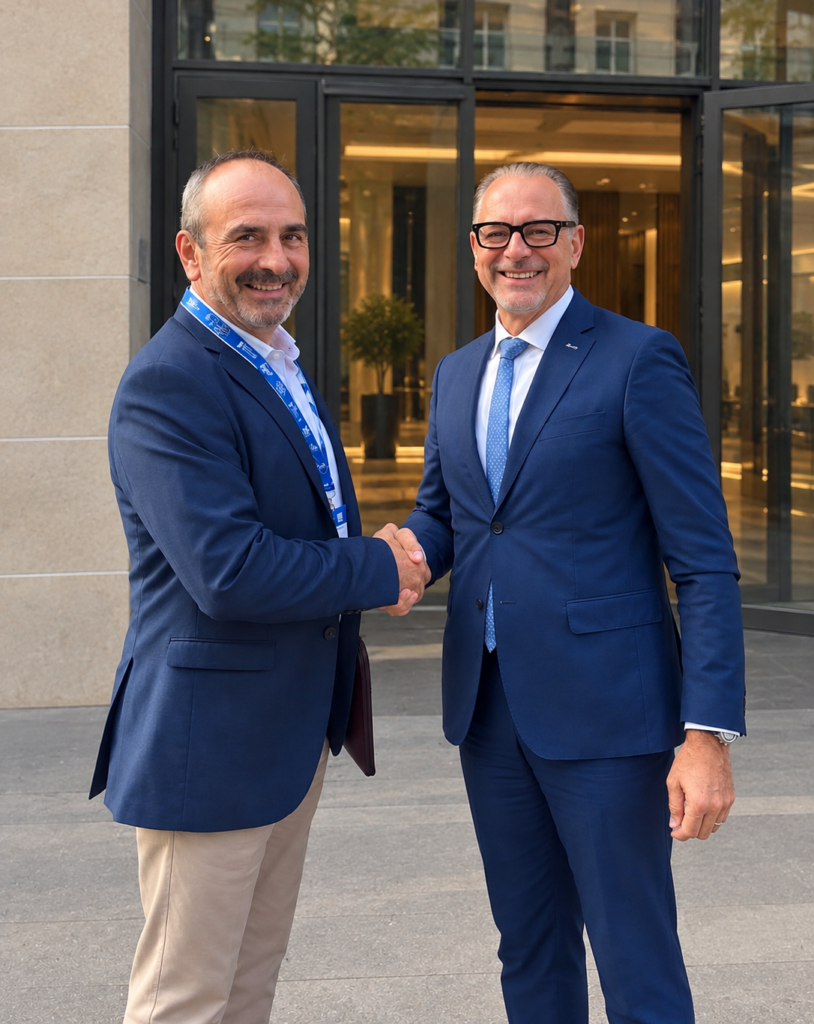 Juan Tomás Hernani, CEO of SATLANTIS, shaking hands with Josef Aschbacher, Director General of ESA